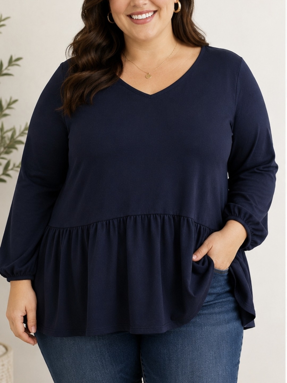 Haptics Classic V-Neck Peplum Top - Navy